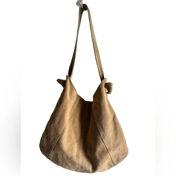 Real Leather suede Hobo bucket bag. Khaki, tan color medium size - Picture 2 of 10
